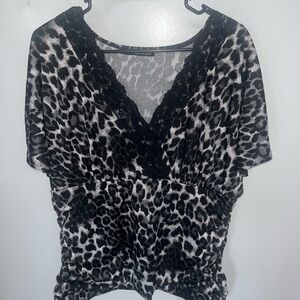Maurices Black & White Leopard Print V-Neck Top with Lace Trim